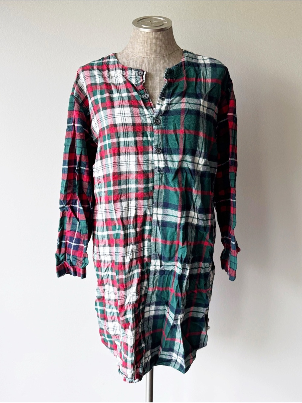 GAP Vintage 90’s Plaid Flannel Nightgown, Small, Red, Green, and White
